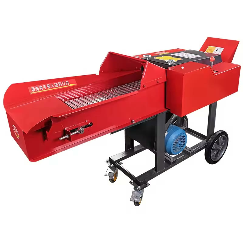 Studio photograph of a LUCTORC 3.8 t/h chaff cutter: a red machine with a long slatted infeed conveyor and a blue electric motor on a wheeled steel stand