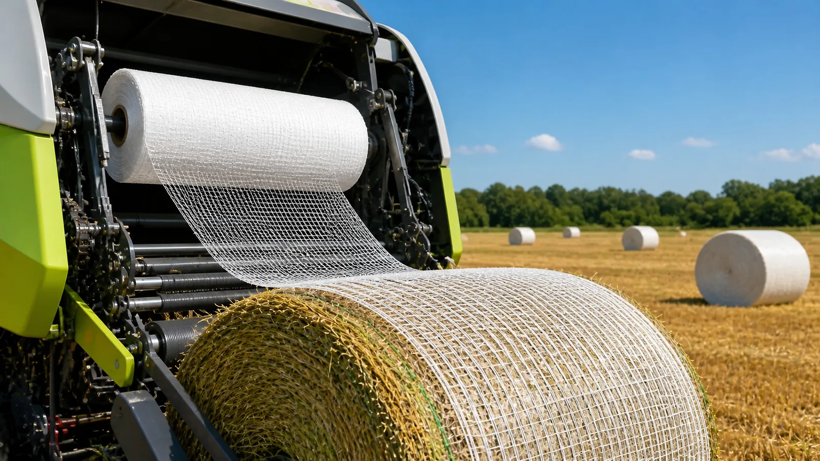 Bale net roll and open woven mesh covering a finished round bale