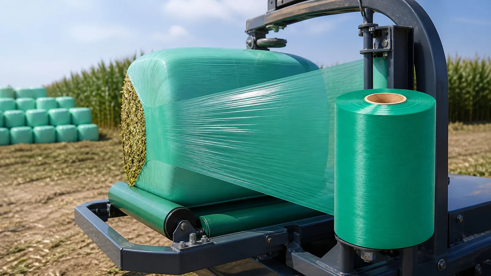 Silage wrap film roll and tensioned film web wrapping a forage bale